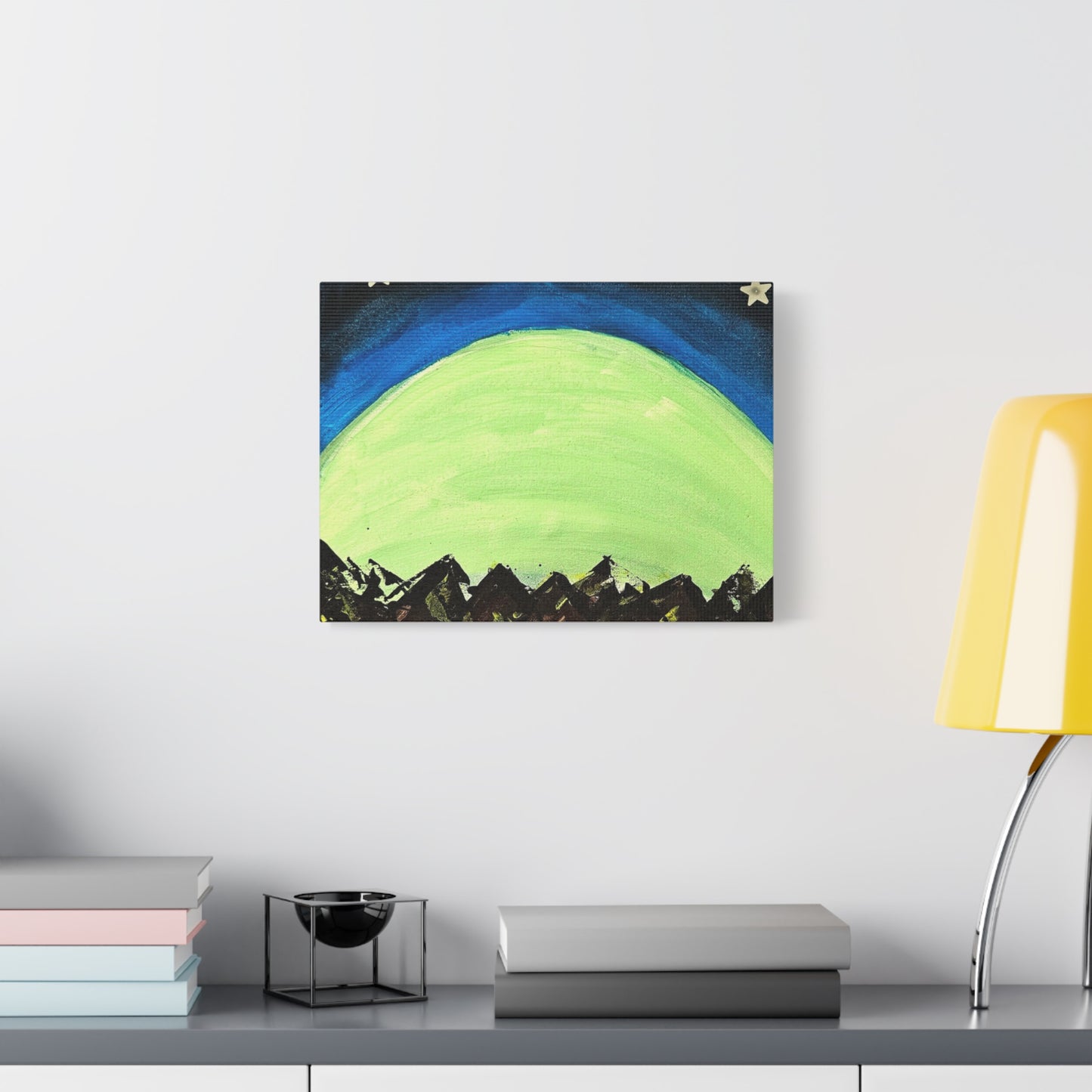Green Moonrise Canvas Wall Art – Mountain Silhouette Nightscape