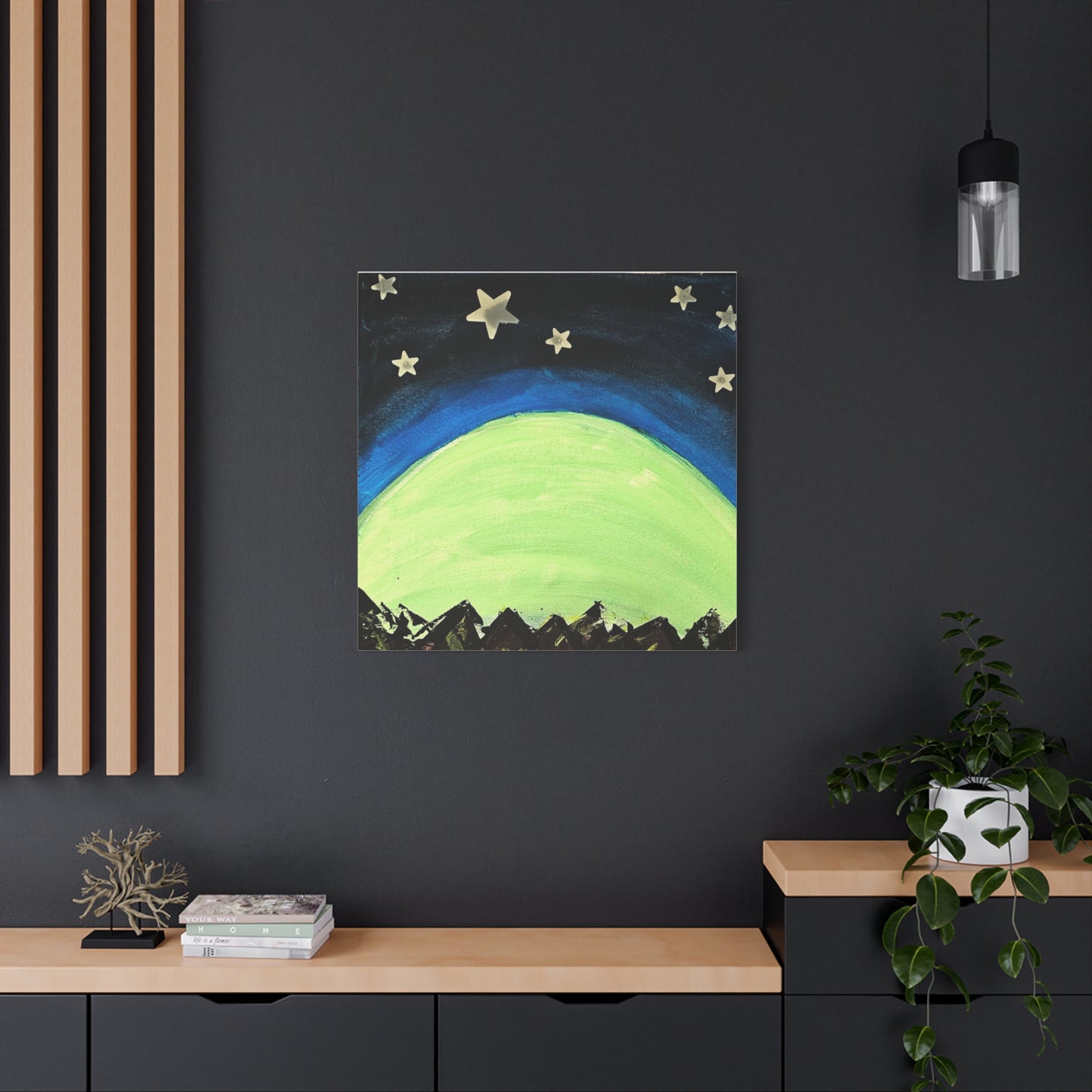 Green Moonrise Canvas Wall Art – Mountain Silhouette Nightscape