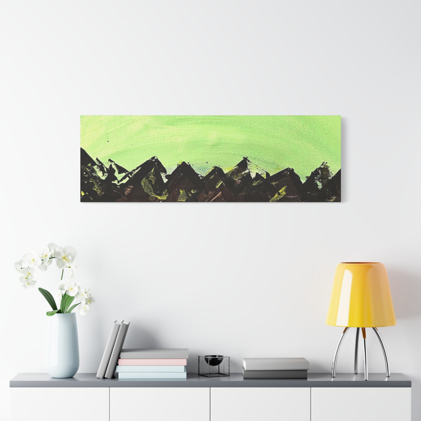 Green Moonrise Canvas Wall Art – Mountain Silhouette Nightscape