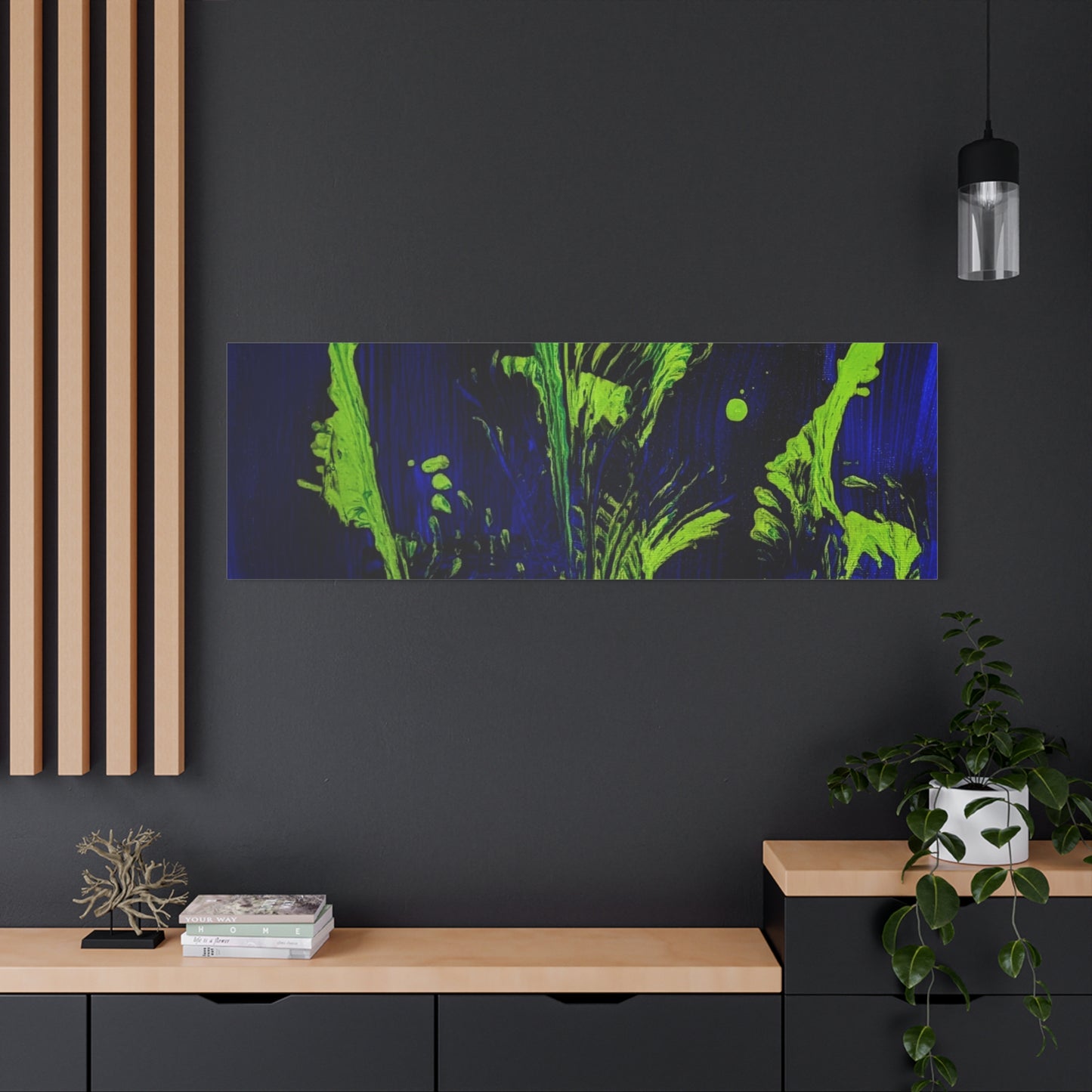 calla_lillies_pt.2 - Neon Floral Abstract Canvas Print — Blue & Lime Stretched Wall Art