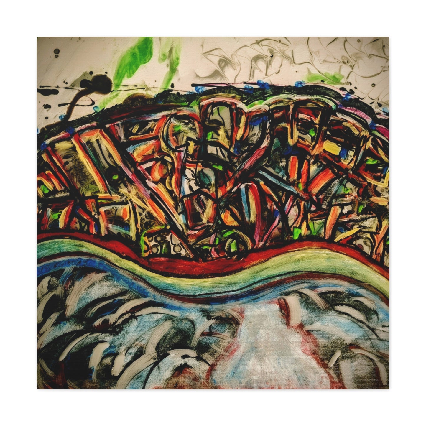 Acrylic_inequalities - Abstract Coastal Cityscape Canvas — Vibrant Ocean Wave Wall Art
