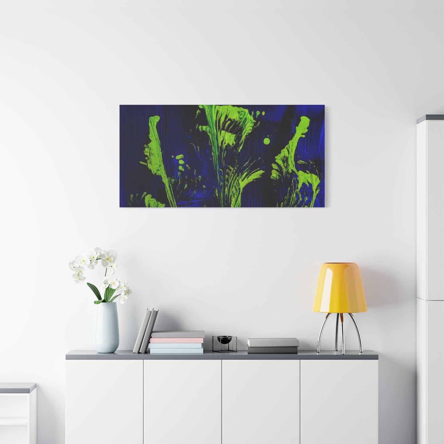 calla_lillies_pt.2 - Neon Floral Abstract Canvas Print — Blue & Lime Stretched Wall Art