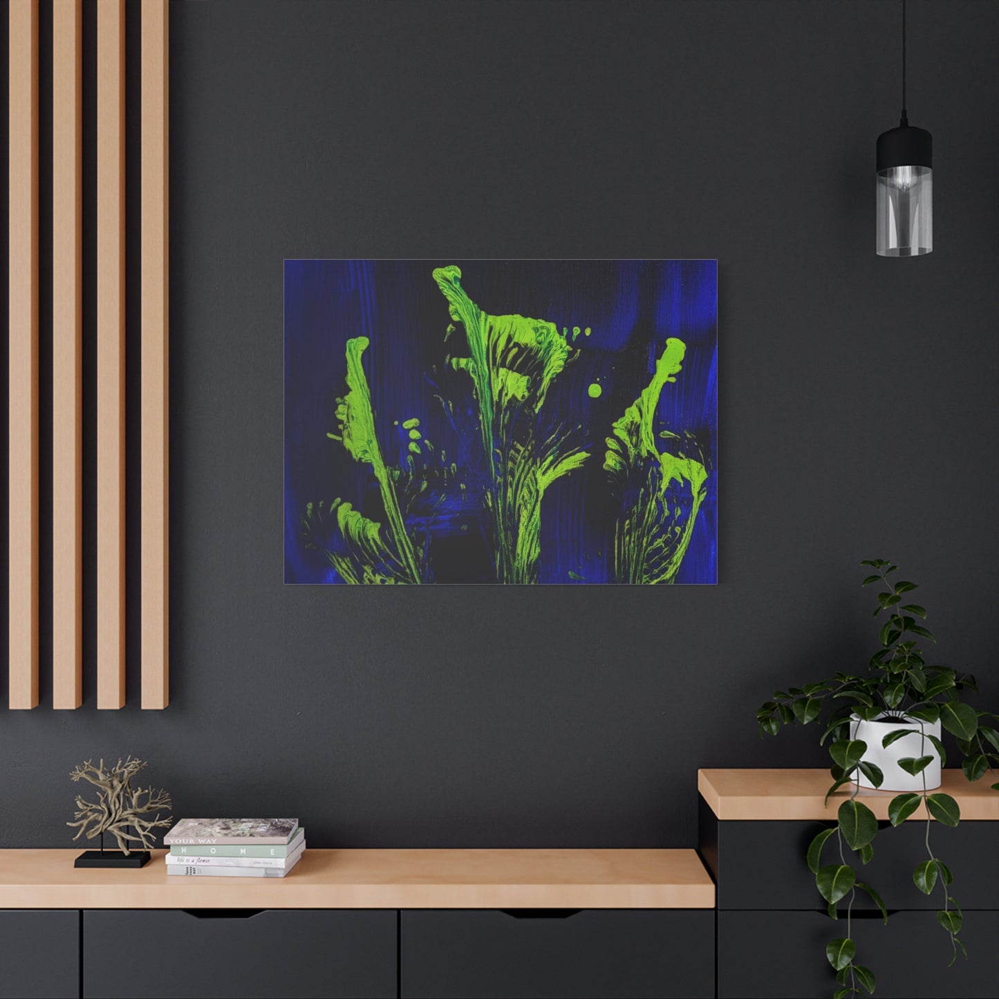 calla_lillies_pt.2 - Neon Floral Abstract Canvas Print — Blue & Lime Stretched Wall Art