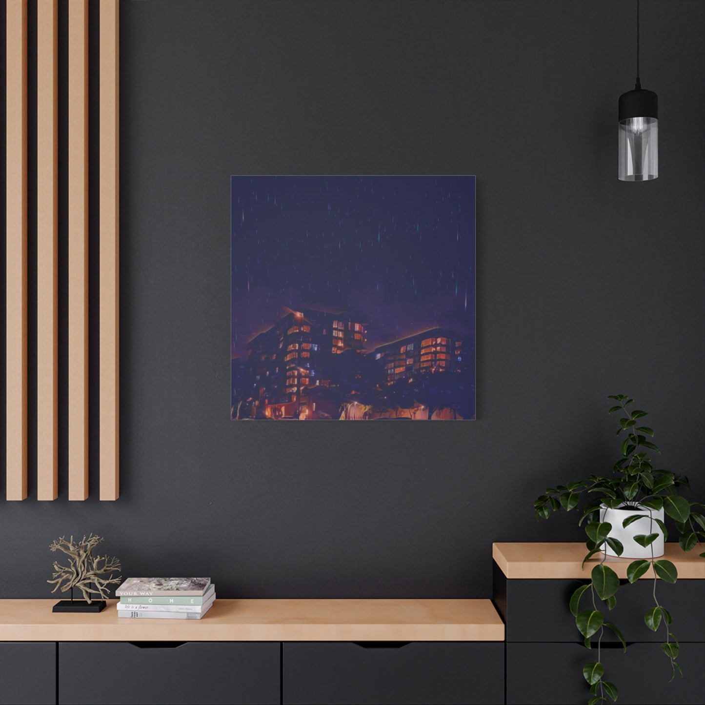 Neon Percipitation @ night - Canvas Print — Moody Urban Wall Art