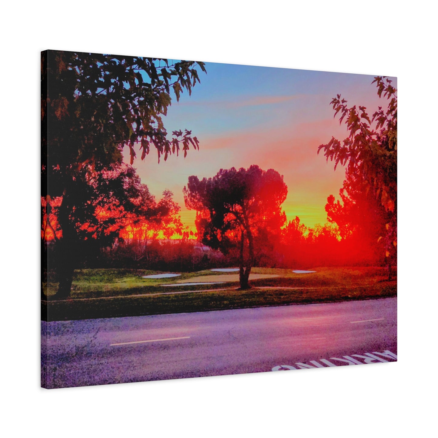4th green @muni - Sunset Park Matte Canvas Print — Vibrant Red & Orange Landscape Wall Art