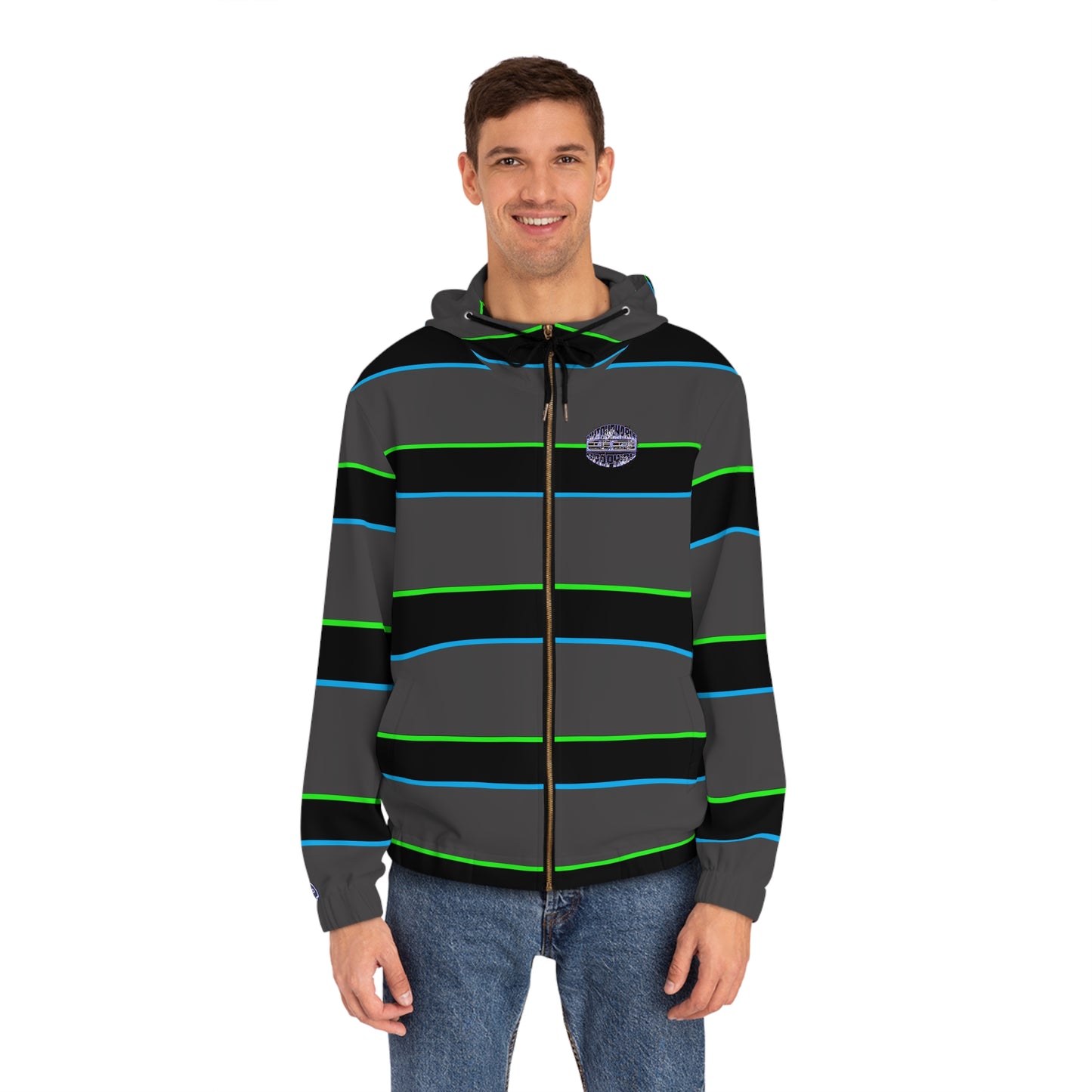 Men's Striped Full-Zip Hoodie — Neon Green & Blue Retro Stripe with Subtle Leaf Accent