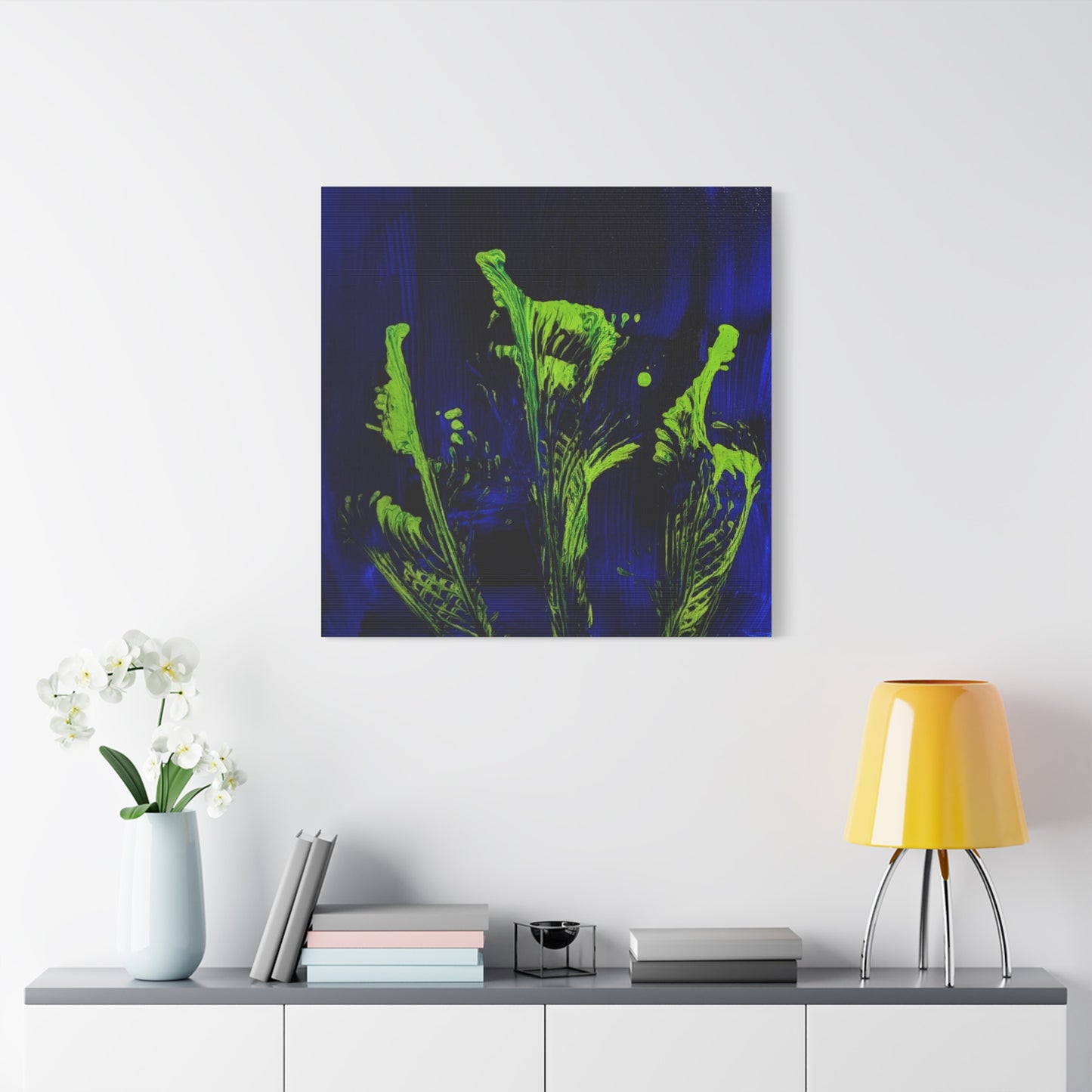 calla_lillies_pt.2 - Neon Floral Abstract Canvas Print — Blue & Lime Stretched Wall Art