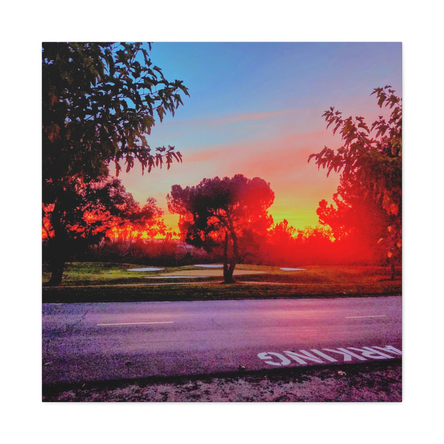 4th green @muni - Sunset Park Matte Canvas Print — Vibrant Red & Orange Landscape Wall Art