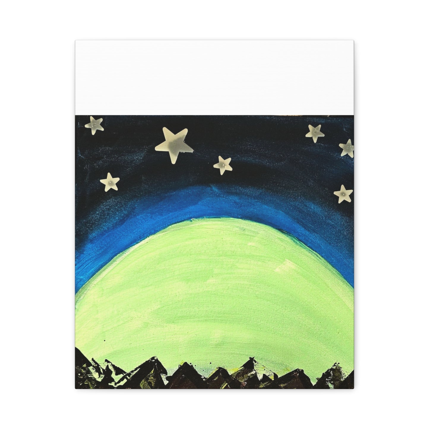 Green Moonrise Canvas Wall Art – Mountain Silhouette Nightscape