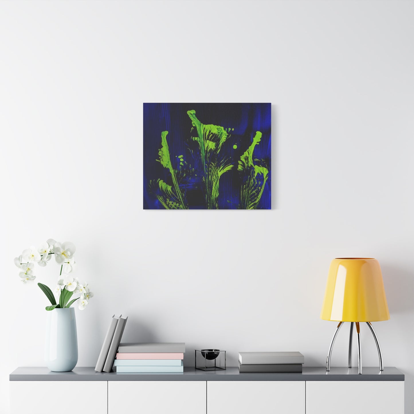calla_lillies_pt.2 - Neon Floral Abstract Canvas Print — Blue & Lime Stretched Wall Art