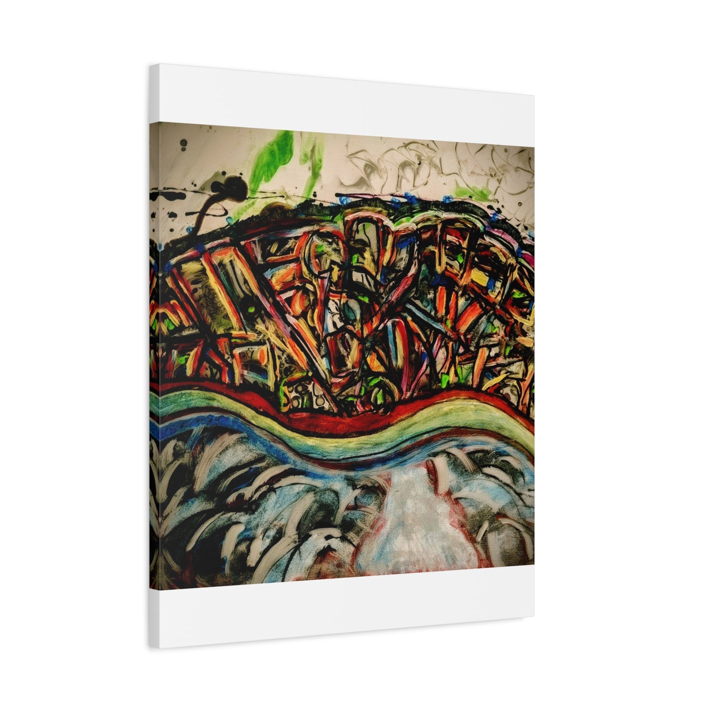 Acrylic_inequalities - Abstract Coastal Cityscape Canvas — Vibrant Ocean Wave Wall Art