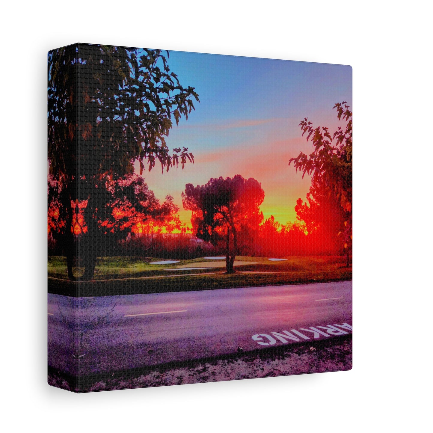 4th green @muni - Sunset Park Matte Canvas Print — Vibrant Red & Orange Landscape Wall Art