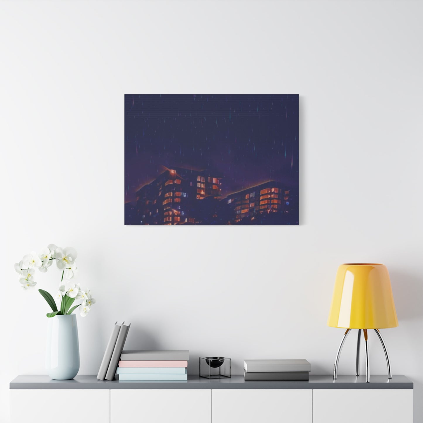 Neon Percipitation @ night - Canvas Print — Moody Urban Wall Art