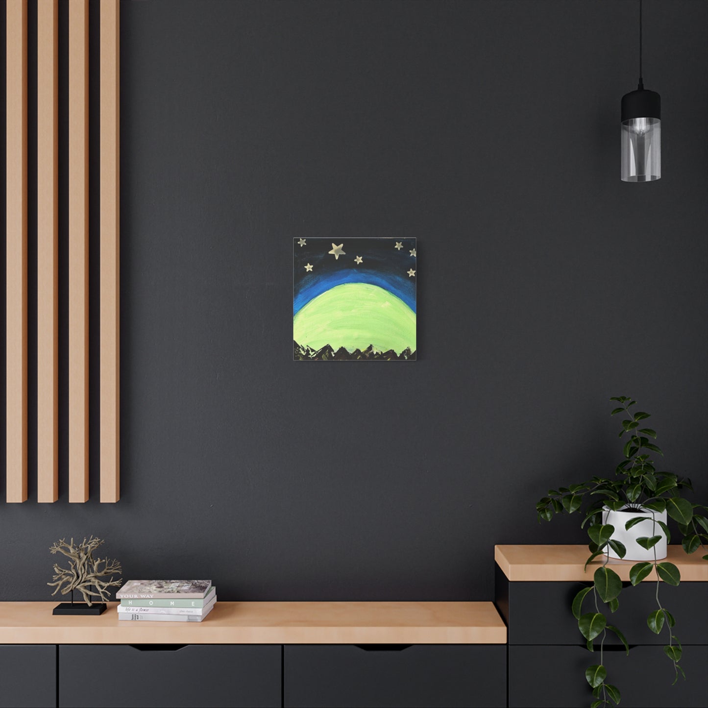 Green Moonrise Canvas Wall Art – Mountain Silhouette Nightscape
