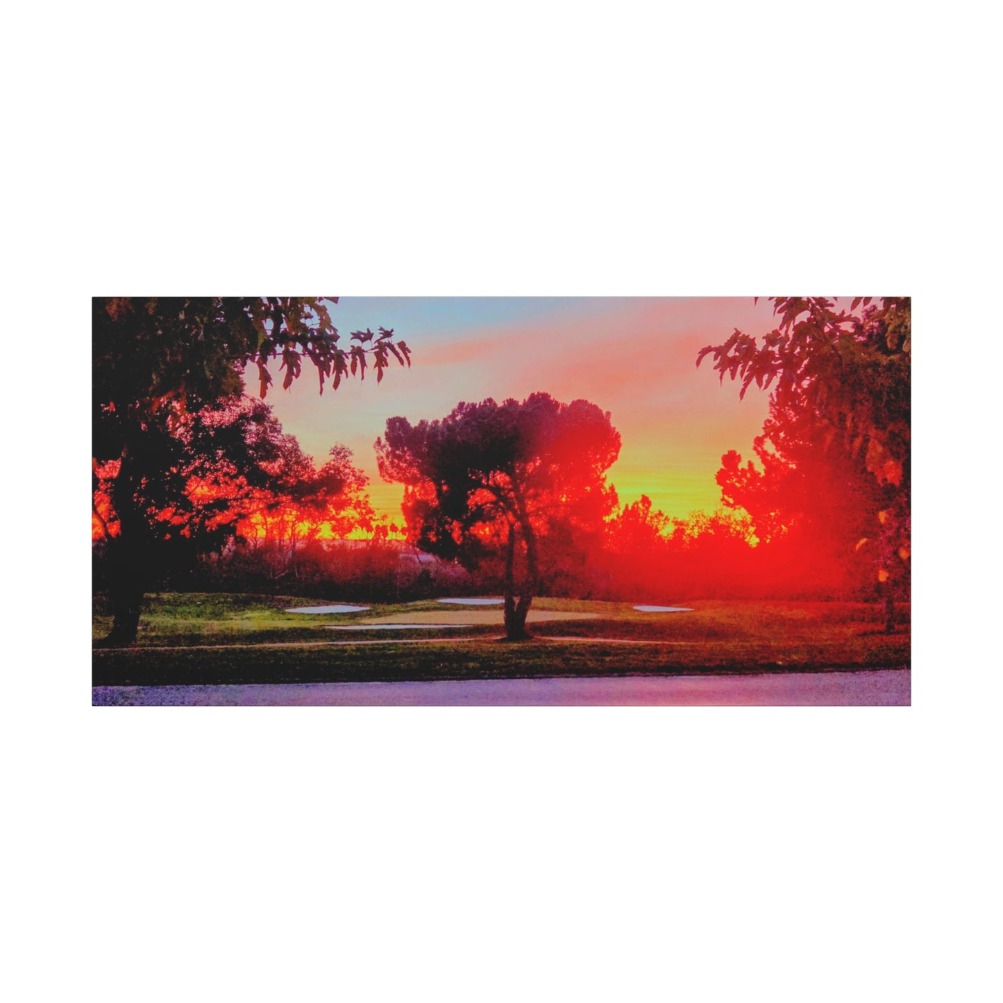 4th green @muni - Sunset Park Matte Canvas Print — Vibrant Red & Orange Landscape Wall Art