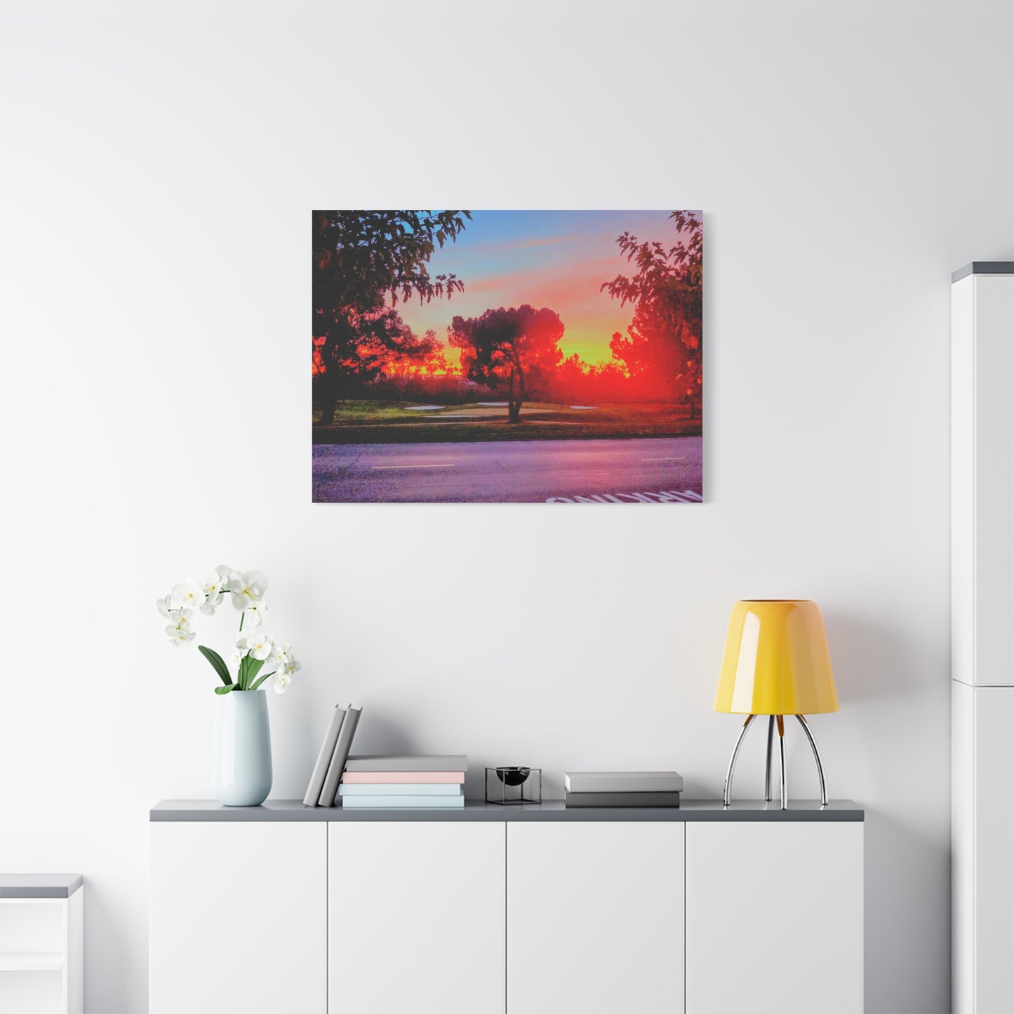 4th green @muni - Sunset Park Matte Canvas Print — Vibrant Red & Orange Landscape Wall Art