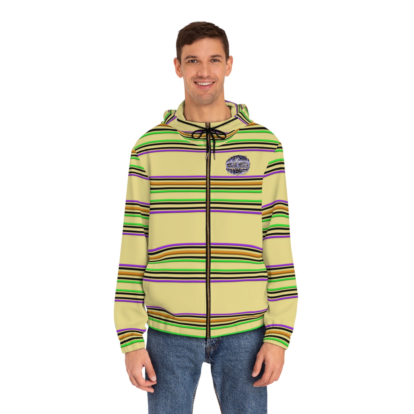 Striped Full-Zip Hoodie – Retro Green & Yellow All-Over Print