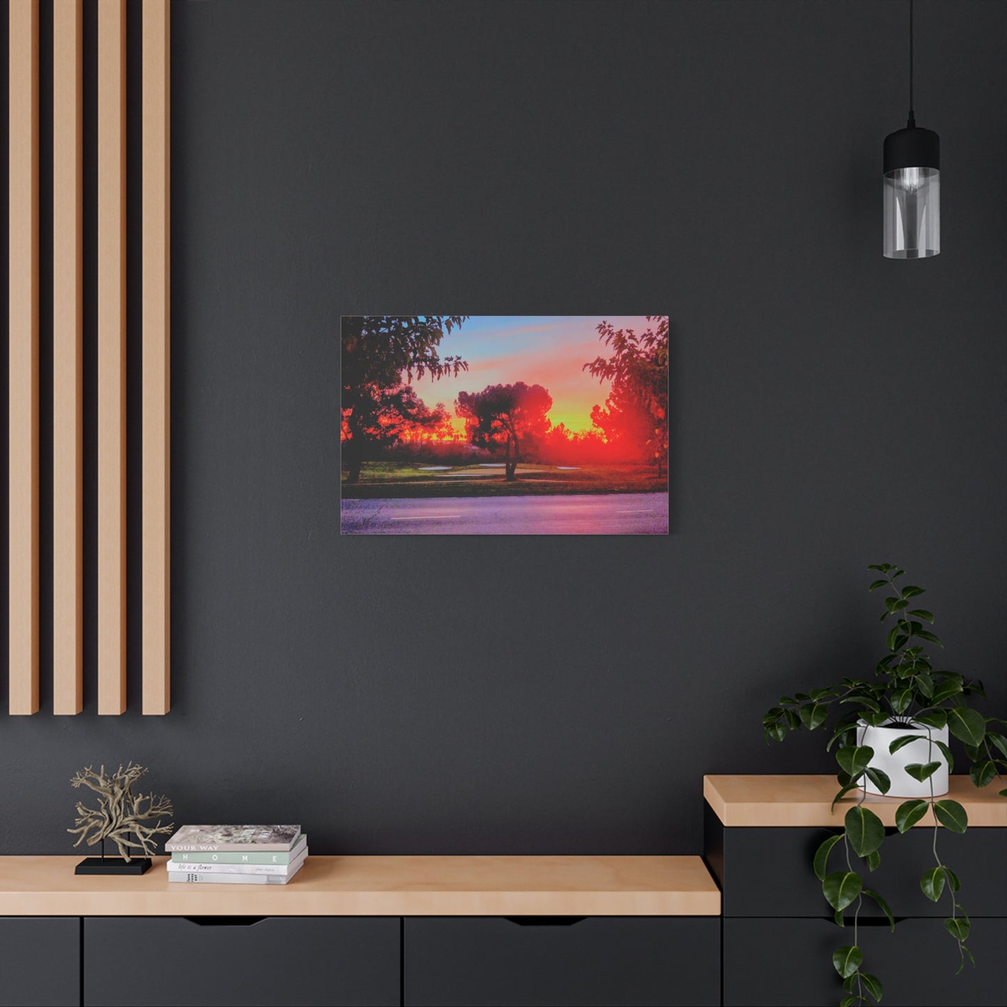 4th green @muni - Sunset Park Matte Canvas Print — Vibrant Red & Orange Landscape Wall Art