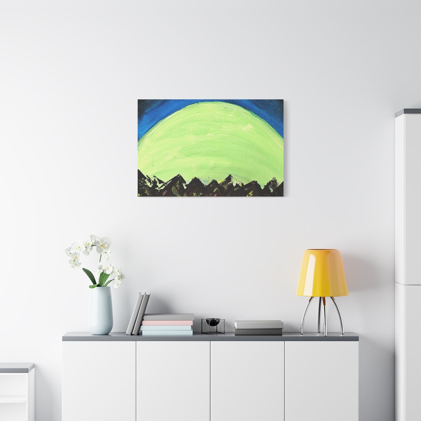 Green Moonrise Canvas Wall Art – Mountain Silhouette Nightscape