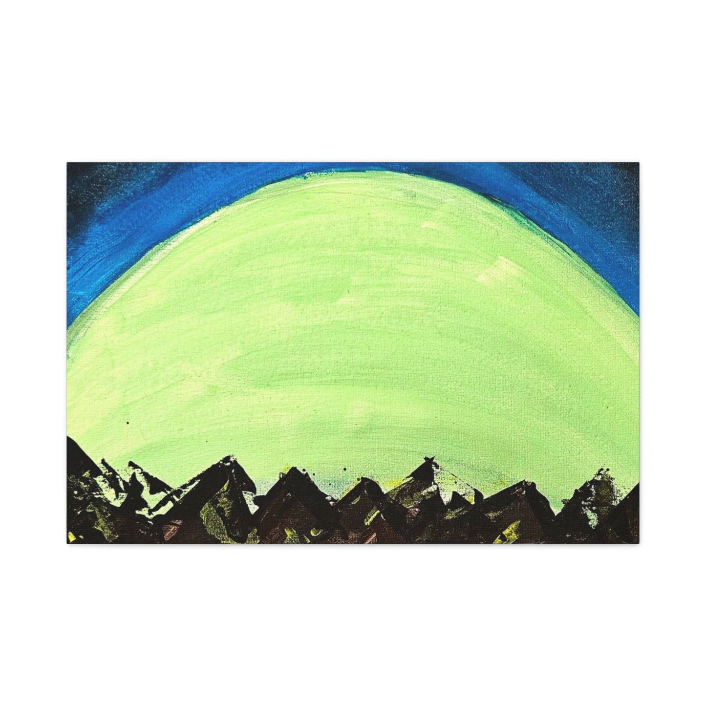 Green Moonrise Canvas Wall Art – Mountain Silhouette Nightscape