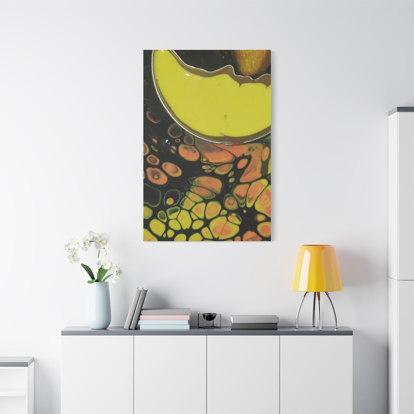 Abstract Fluid Art Canvas Print — Yellow & Black Cell Pour