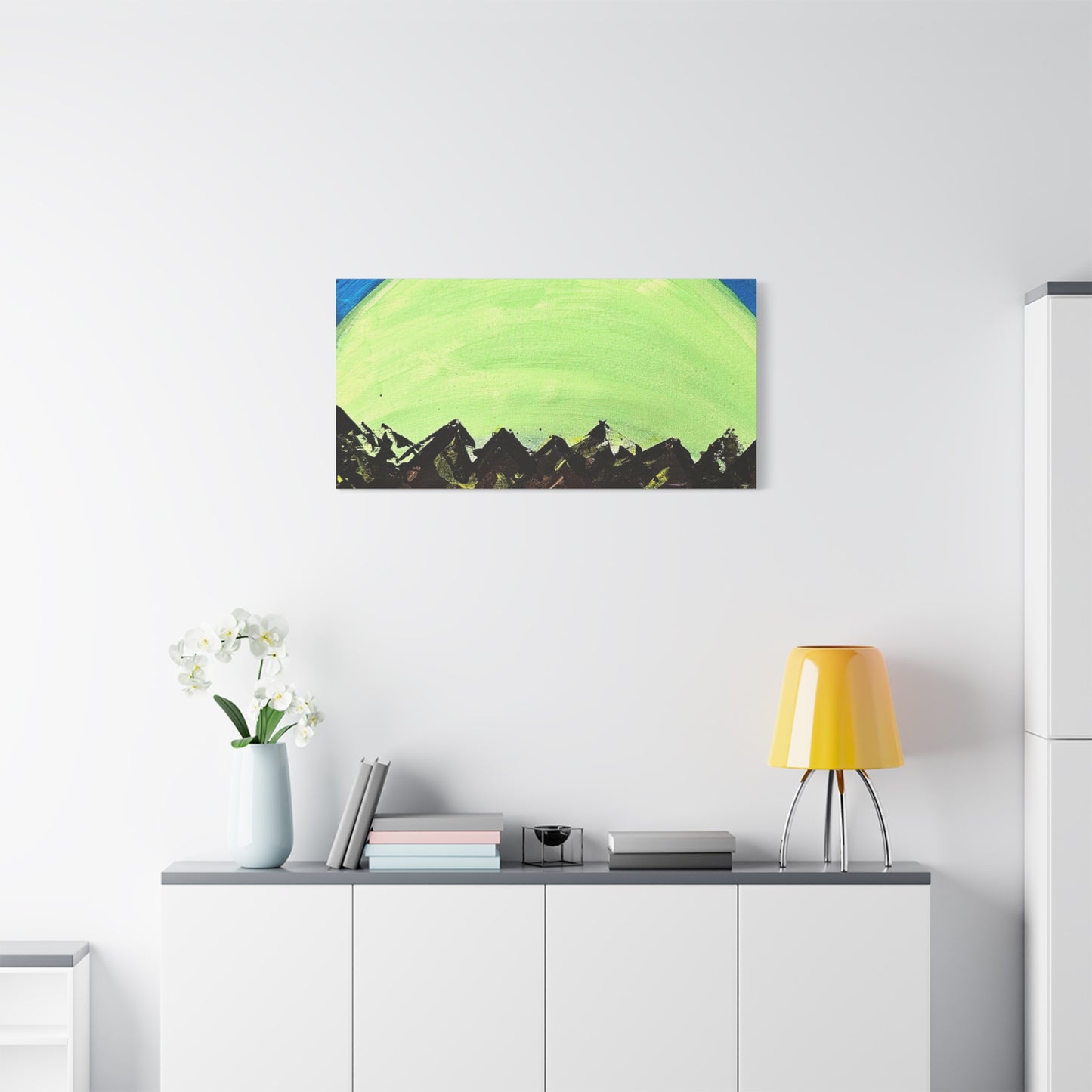 Green Moonrise Canvas Wall Art – Mountain Silhouette Nightscape