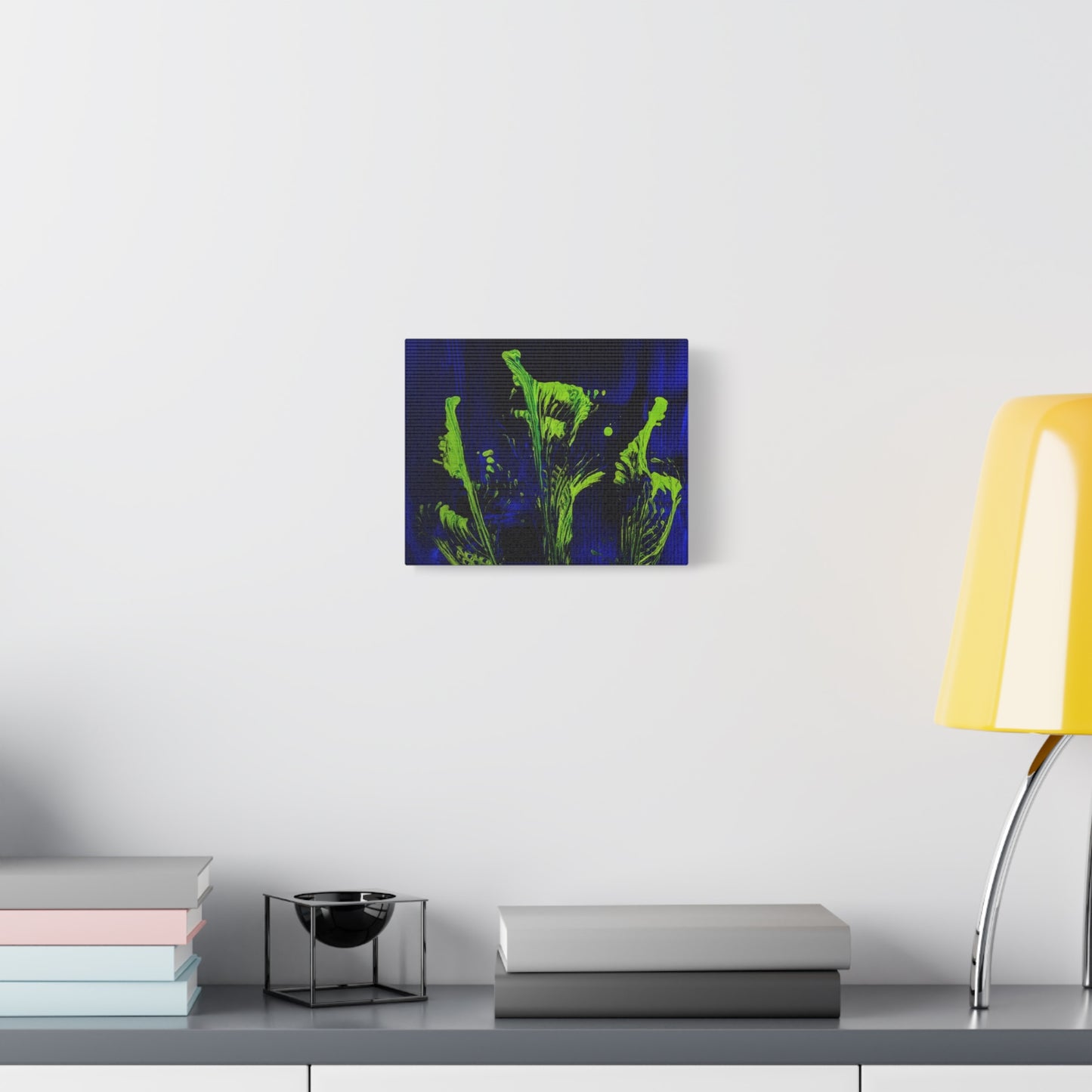 calla_lillies_pt.2 - Neon Floral Abstract Canvas Print — Blue & Lime Stretched Wall Art