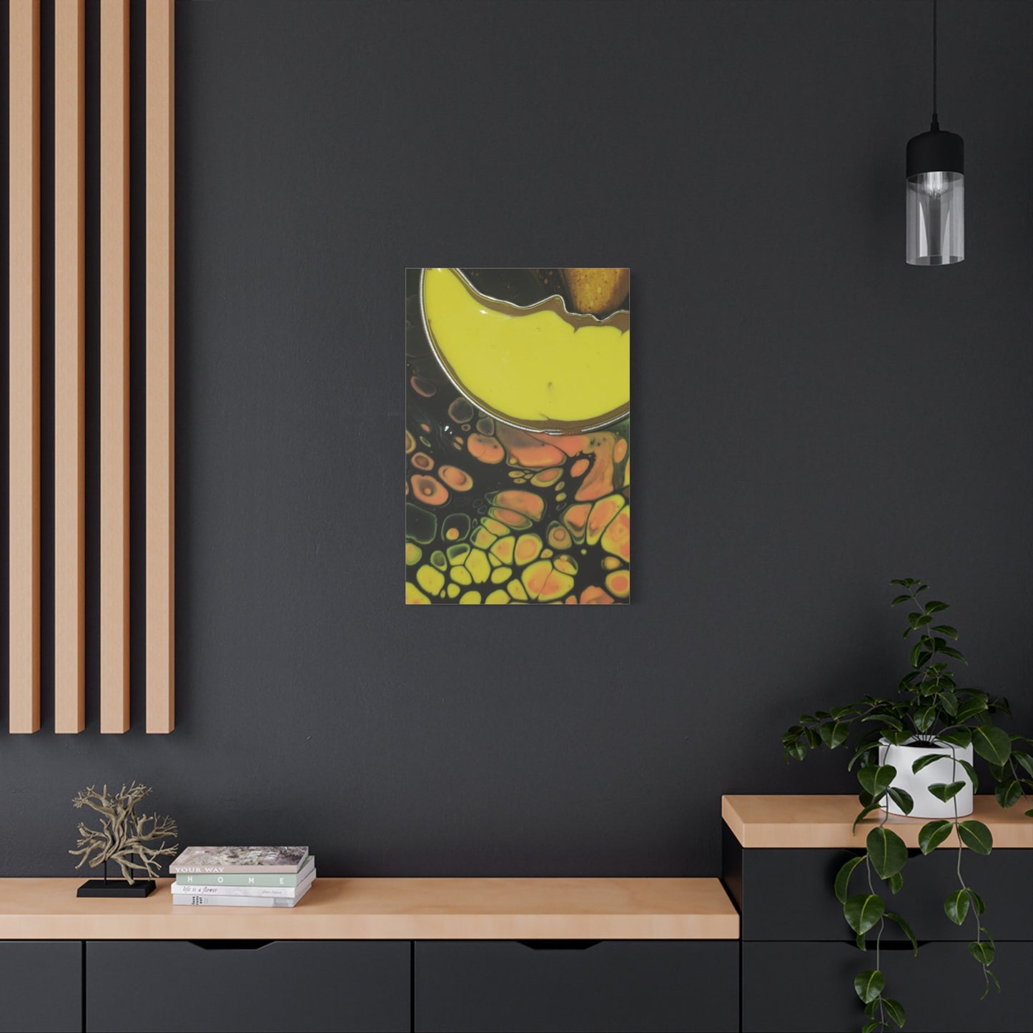 Abstract Fluid Art Canvas Print — Yellow & Black Cell Pour