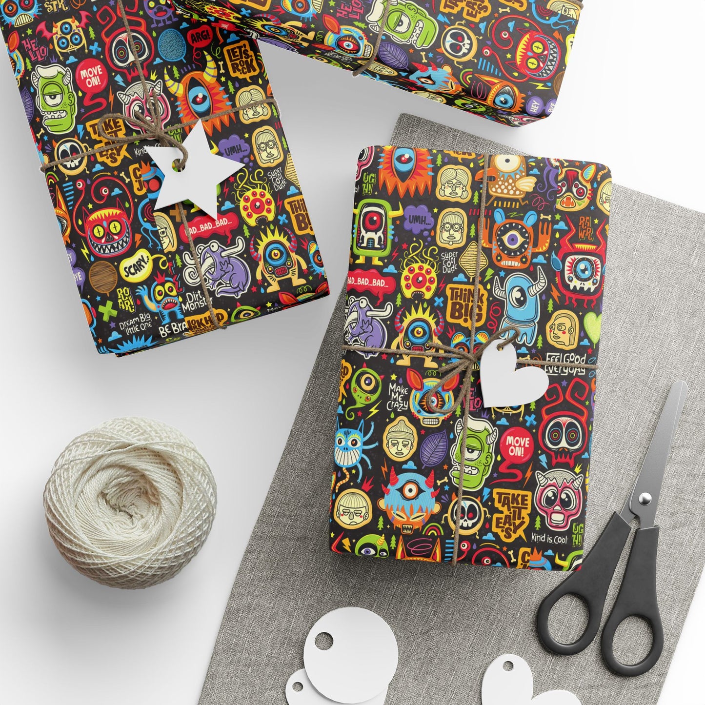 Wrapping Paper - Colorful Neon Emoji Doodles Gift Wrap (Halloween & Birthday)