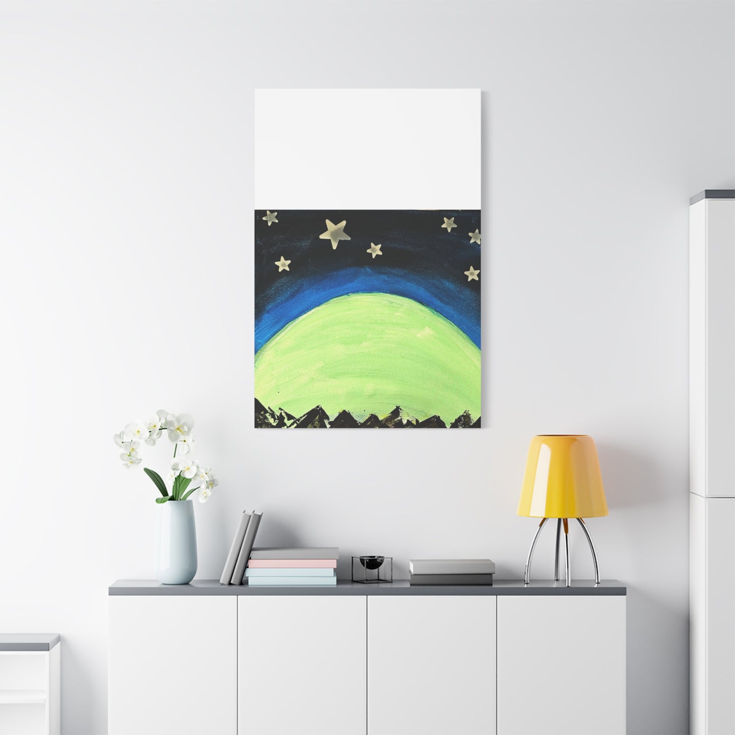 Green Moonrise Canvas Wall Art – Mountain Silhouette Nightscape