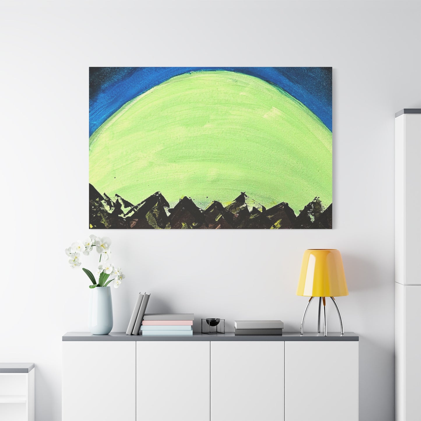 Green Moonrise Canvas Wall Art – Mountain Silhouette Nightscape