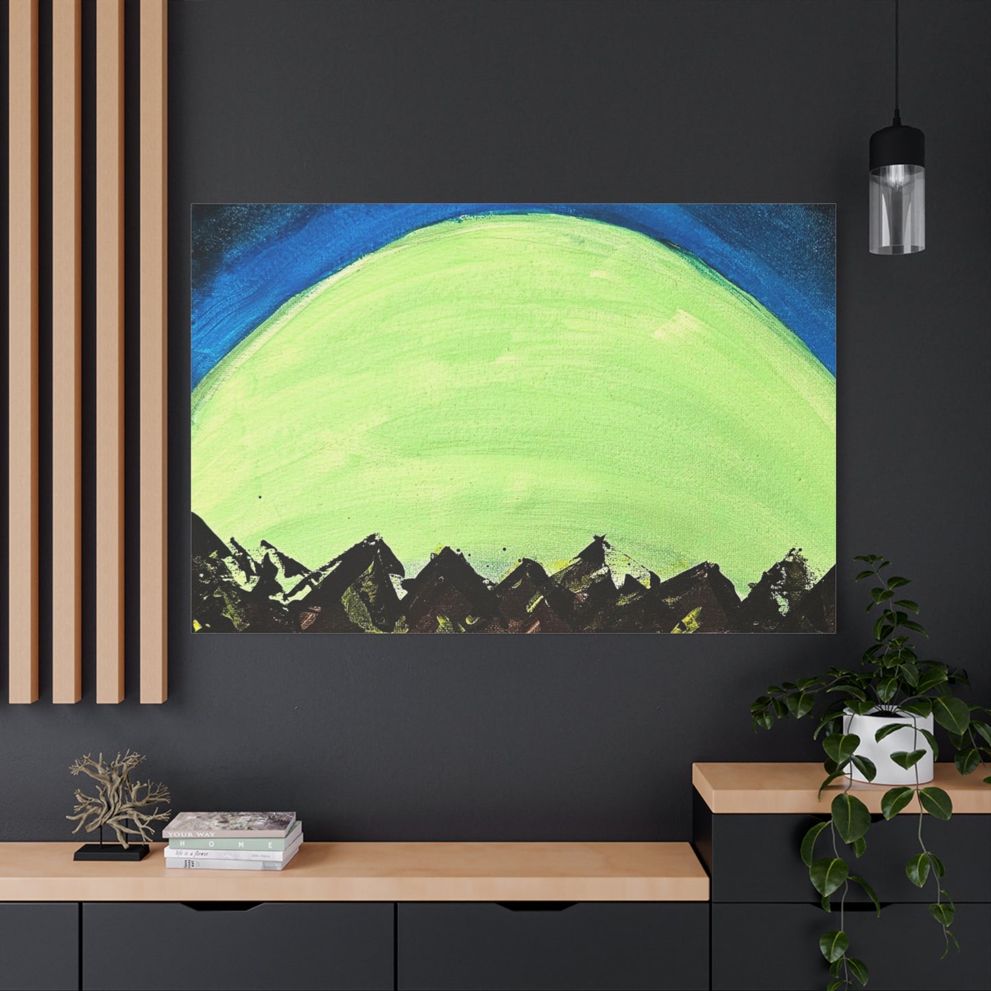 Green Moonrise Canvas Wall Art – Mountain Silhouette Nightscape