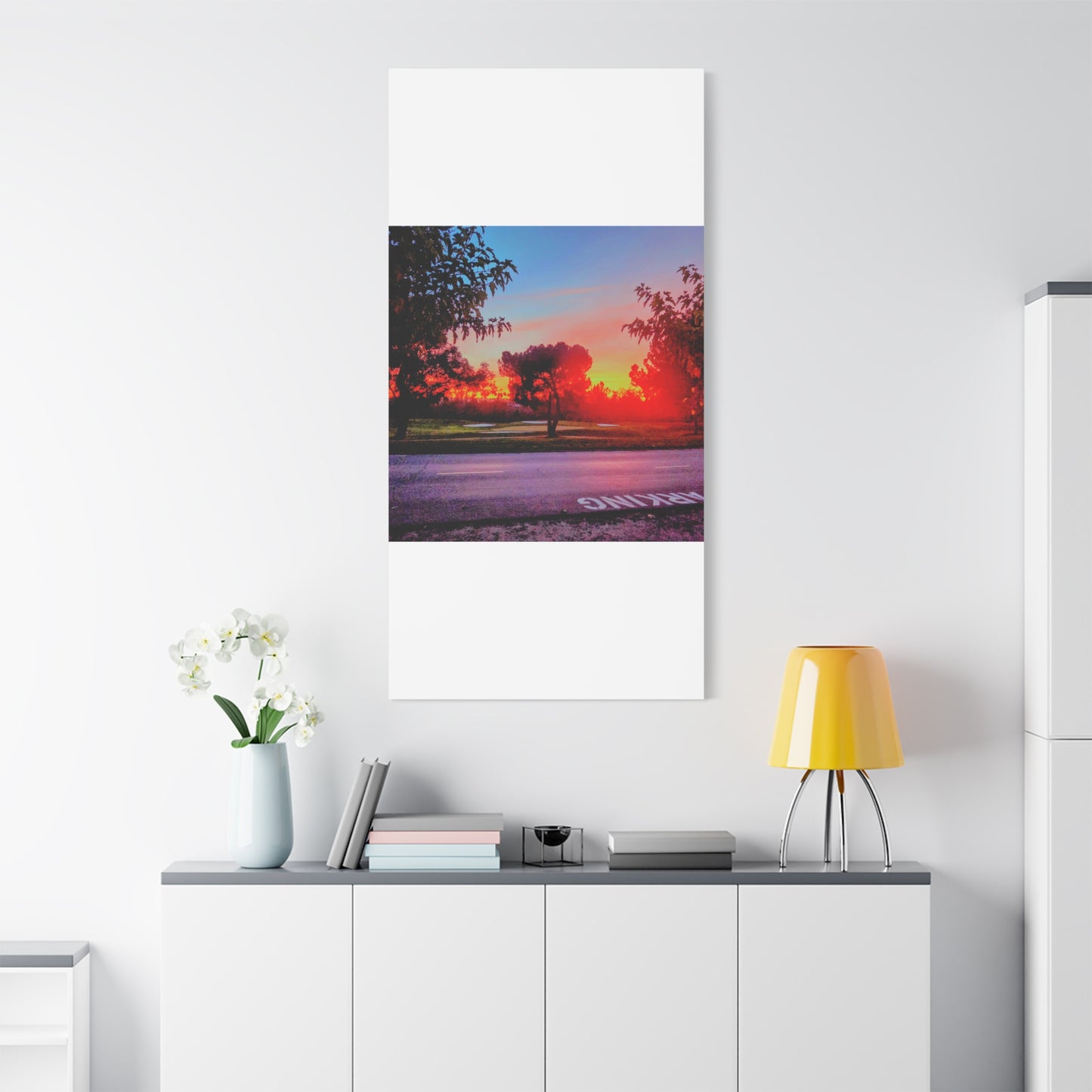4th green @muni - Sunset Park Matte Canvas Print — Vibrant Red & Orange Landscape Wall Art