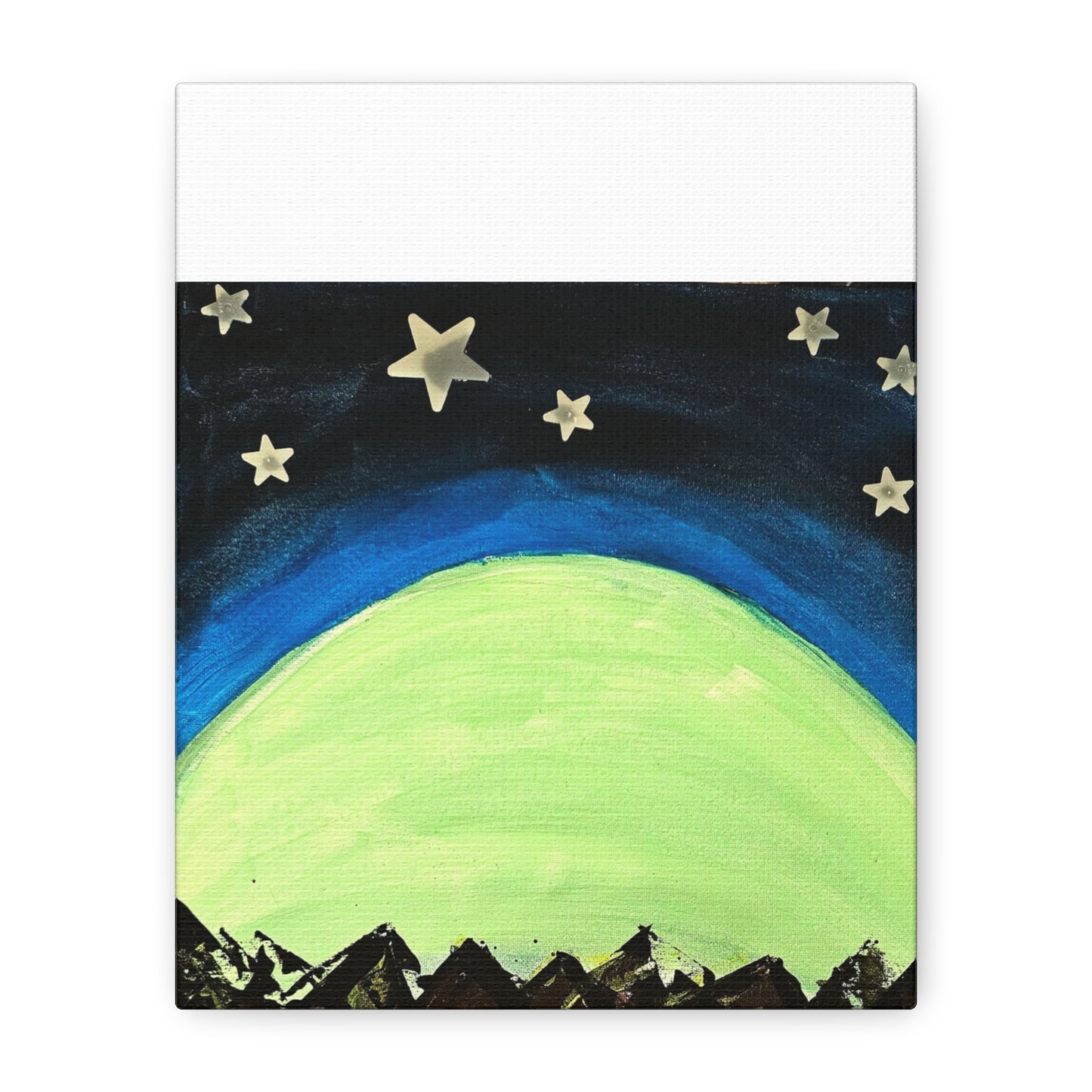 Green Moonrise Canvas Wall Art – Mountain Silhouette Nightscape