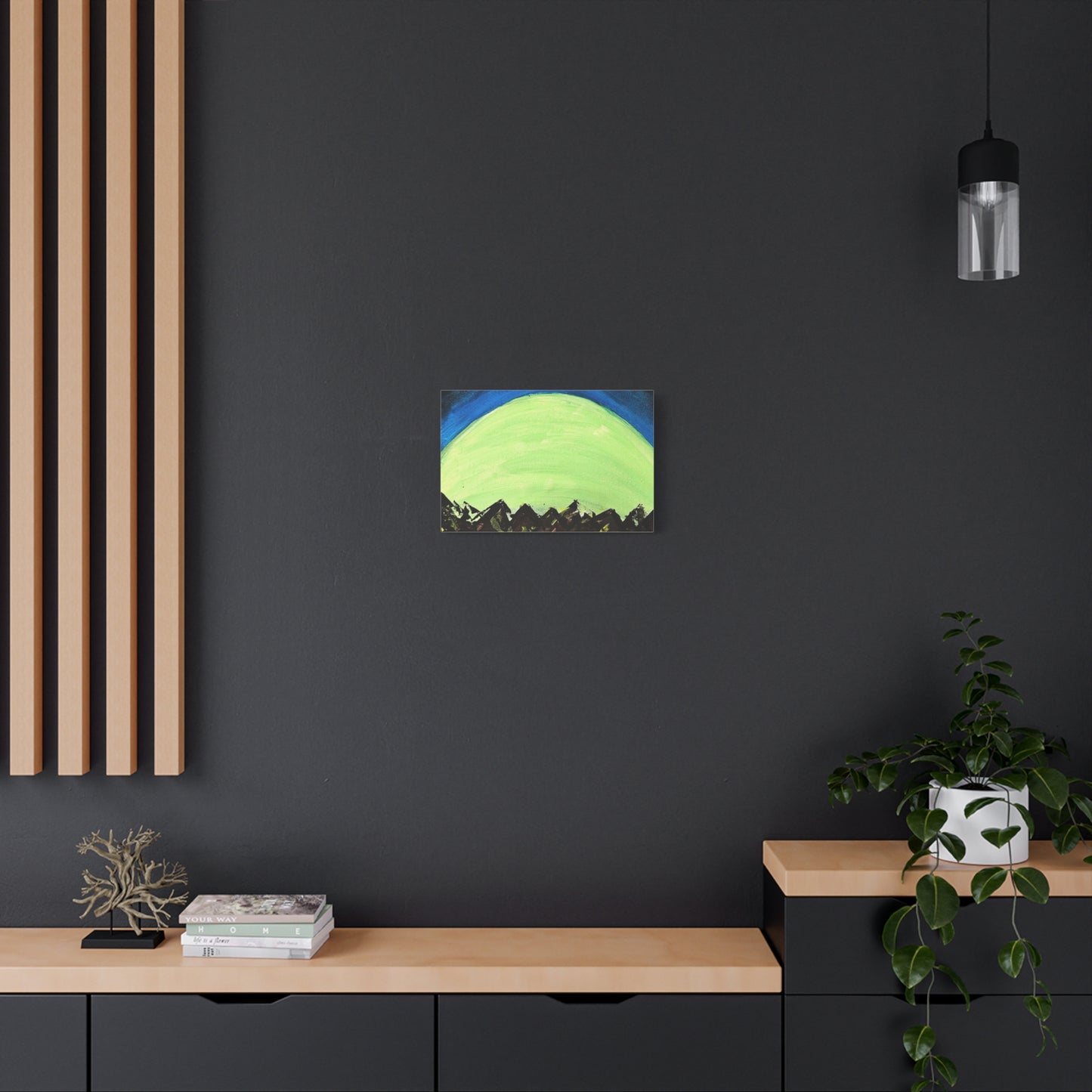 Green Moonrise Canvas Wall Art – Mountain Silhouette Nightscape