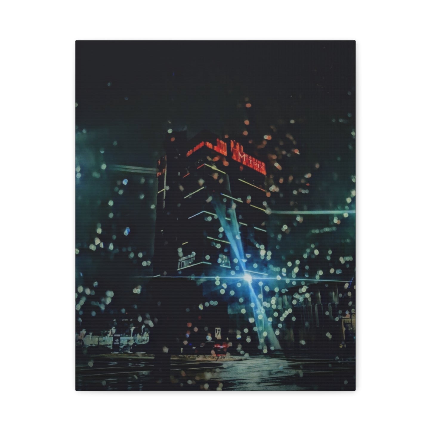 matrix @night Canvas Print — Moody Rainy Urban Wall Art (Matte Stretched)