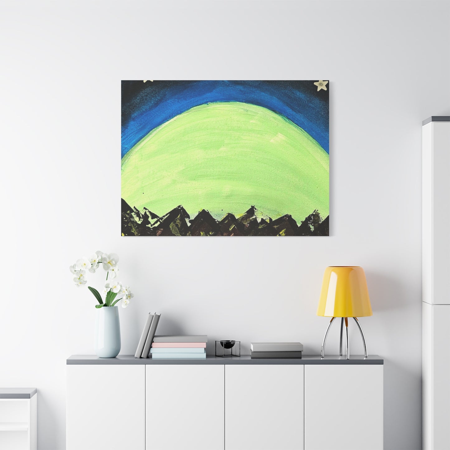 Green Moonrise Canvas Wall Art – Mountain Silhouette Nightscape
