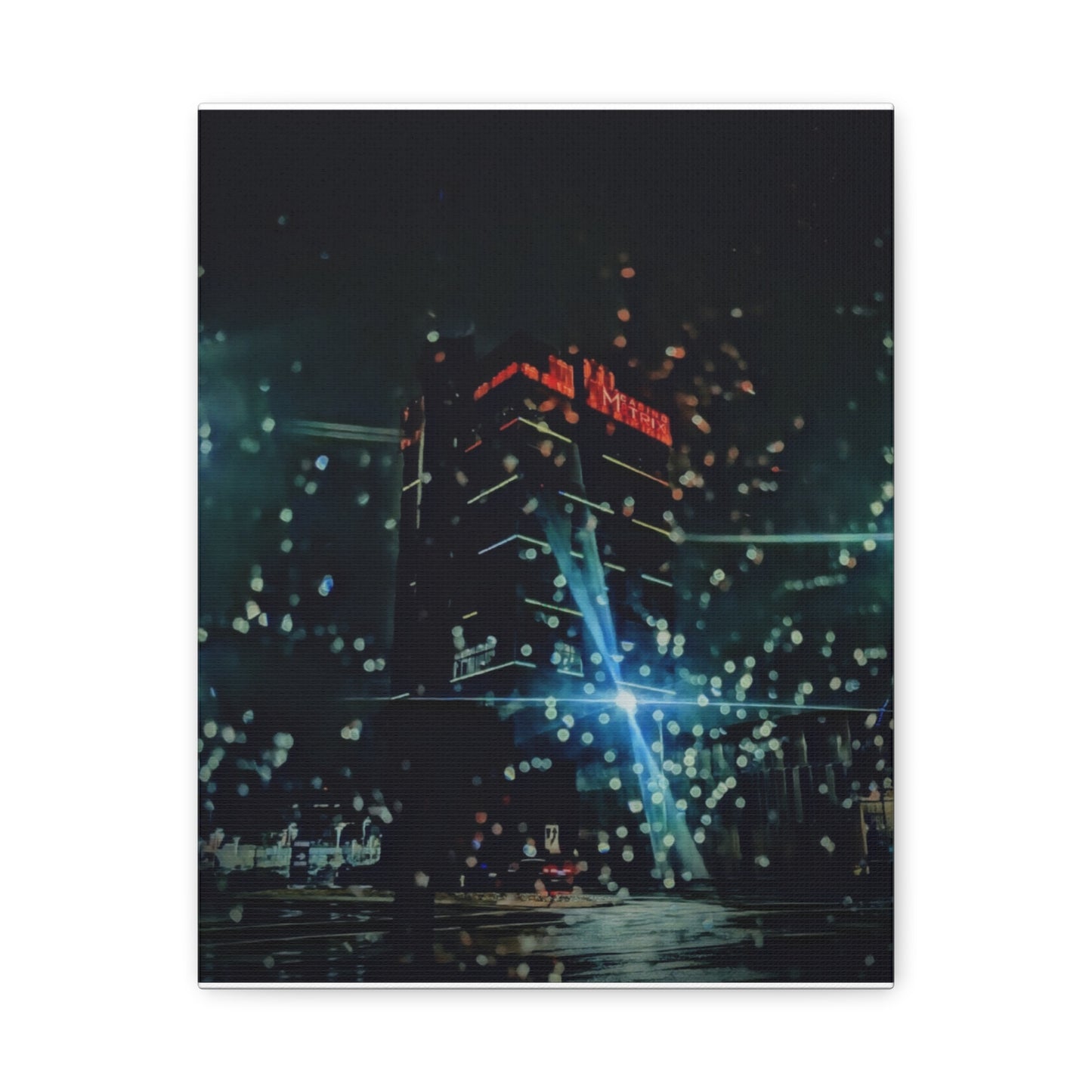matrix @night Canvas Print — Moody Rainy Urban Wall Art (Matte Stretched)
