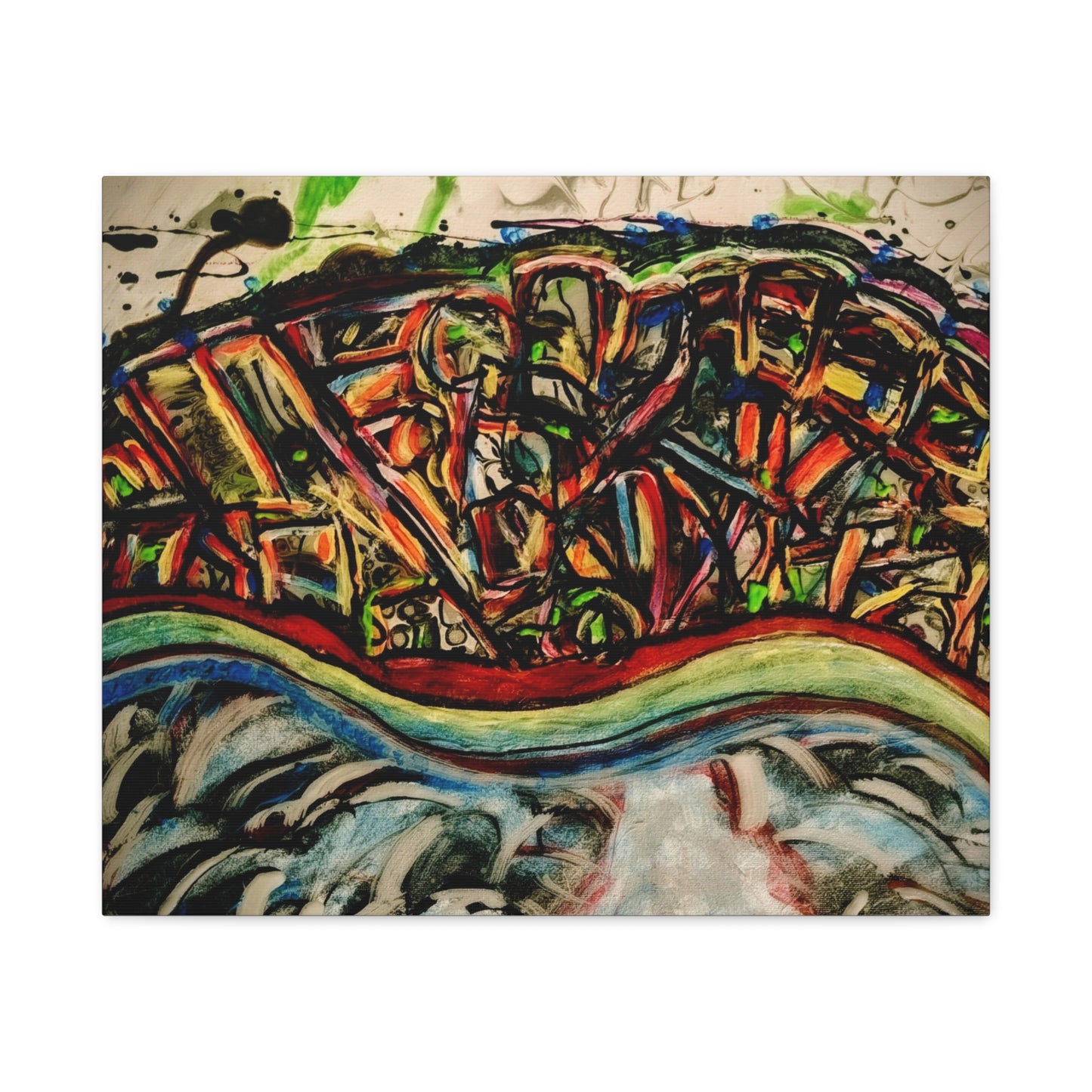 Acrylic_inequalities - Abstract Coastal Cityscape Canvas — Vibrant Ocean Wave Wall Art