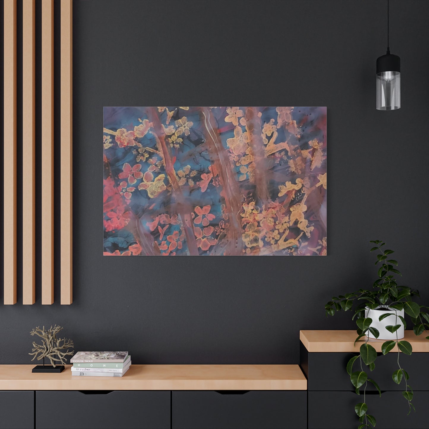 Abstract Floral Canvas Print — Moody Pink & Blue Stretched Wall Art