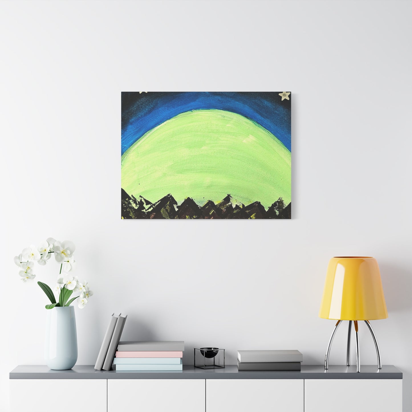 Green Moonrise Canvas Wall Art – Mountain Silhouette Nightscape