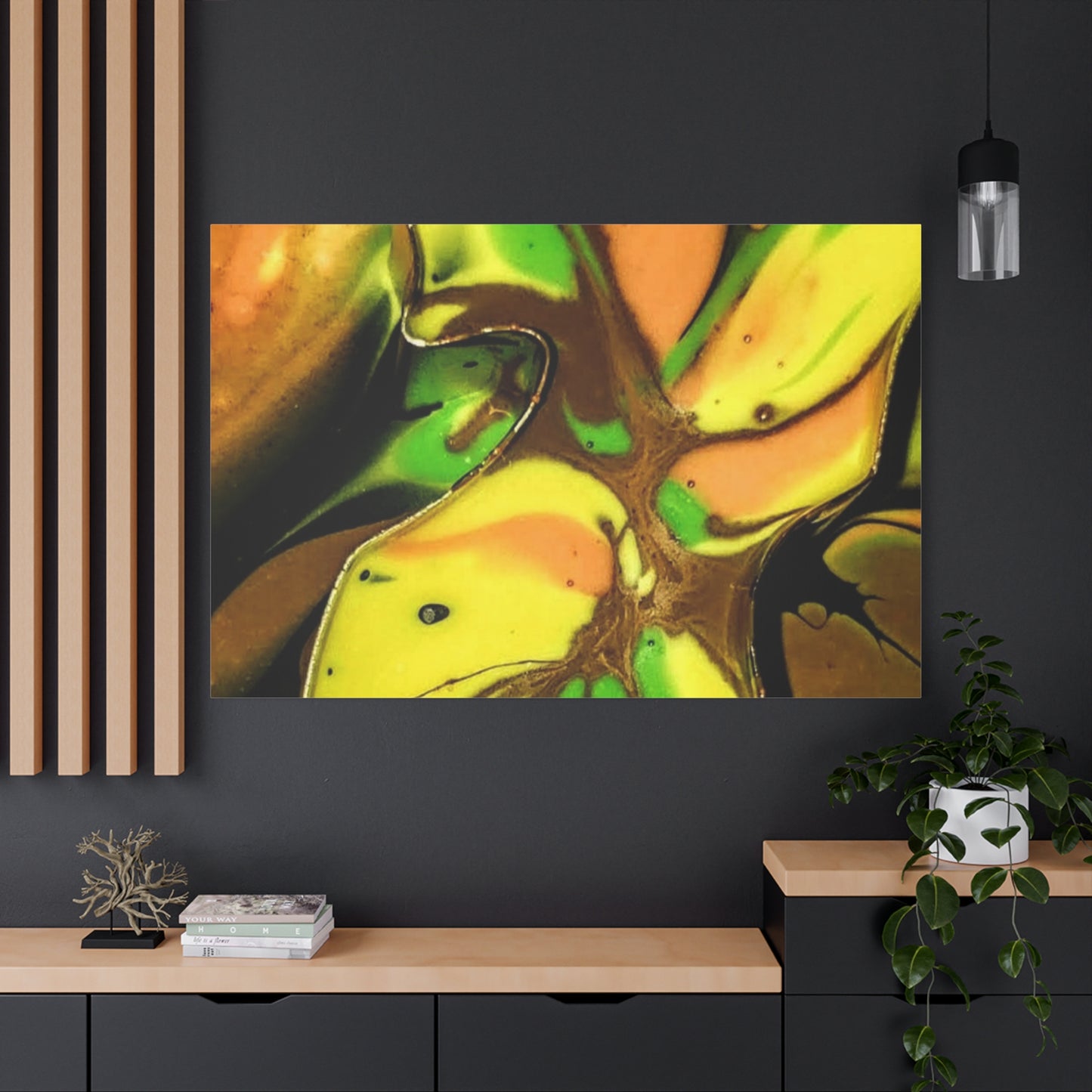 Abstract Green & Gold Fluid Art Matte Canvas Print (Stretched)