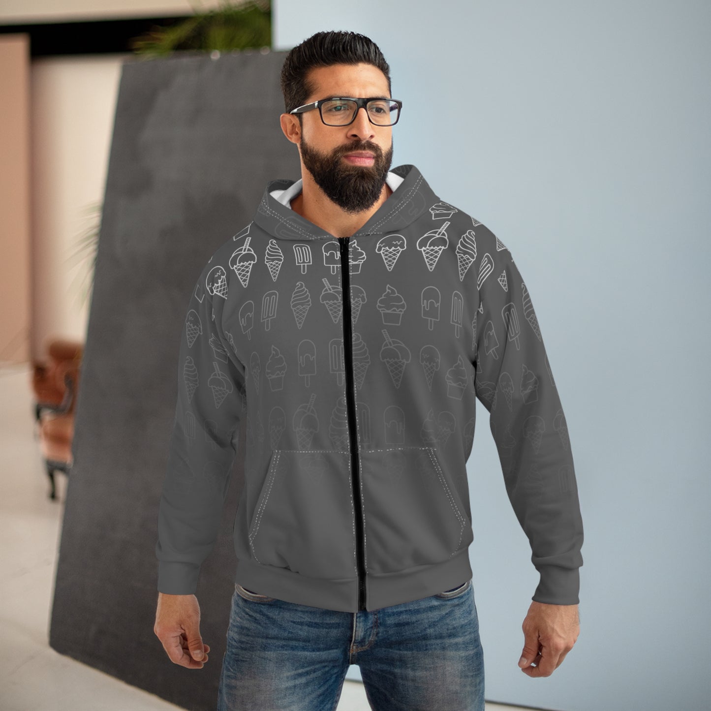 dessert-hoodie_Ice Cream Pattern Zip Hoodie — All-Over Print Dessert Graphic Hoodie
