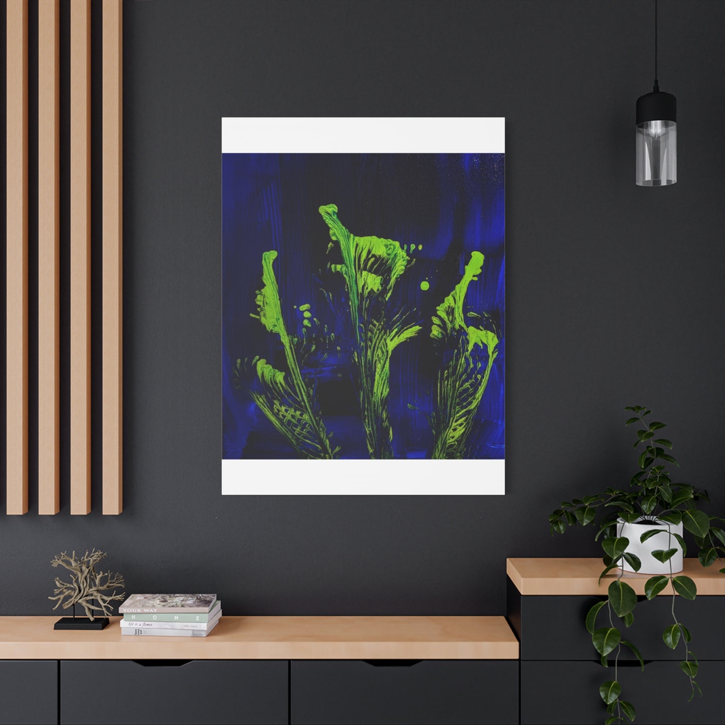 calla_lillies_pt.2 - Neon Floral Abstract Canvas Print — Blue & Lime Stretched Wall Art