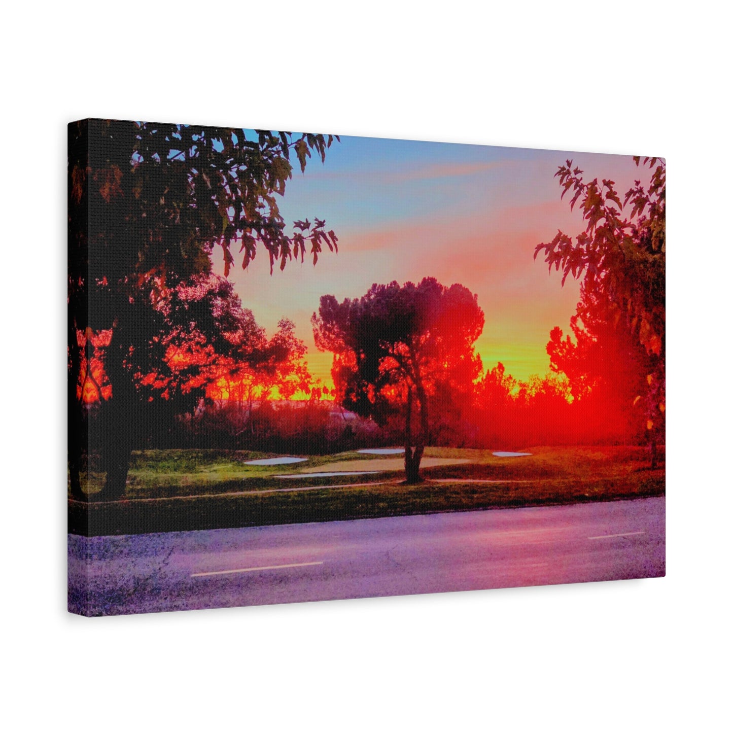 4th green @muni - Sunset Park Matte Canvas Print — Vibrant Red & Orange Landscape Wall Art