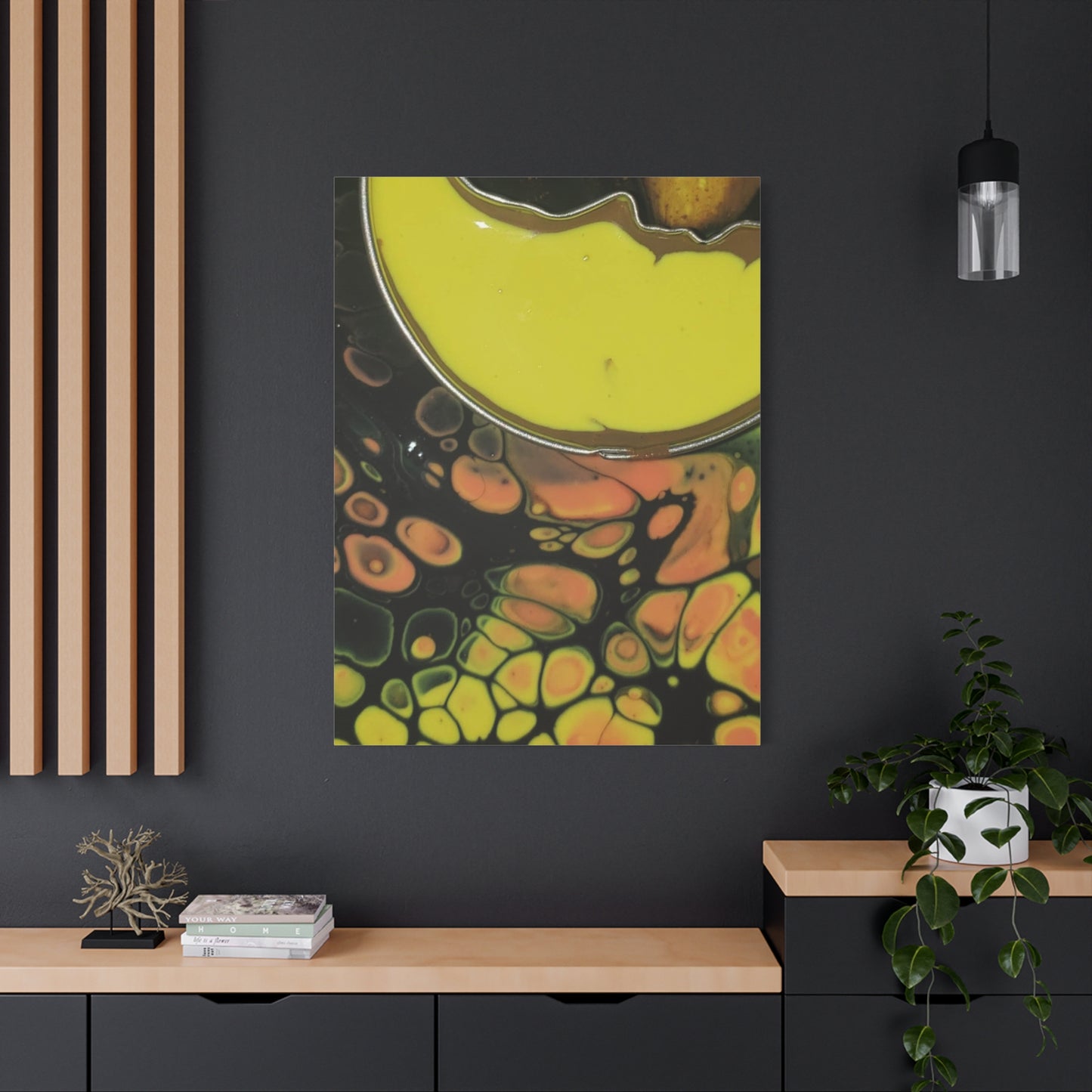 Abstract Fluid Art Canvas Print — Yellow & Black Cell Pour