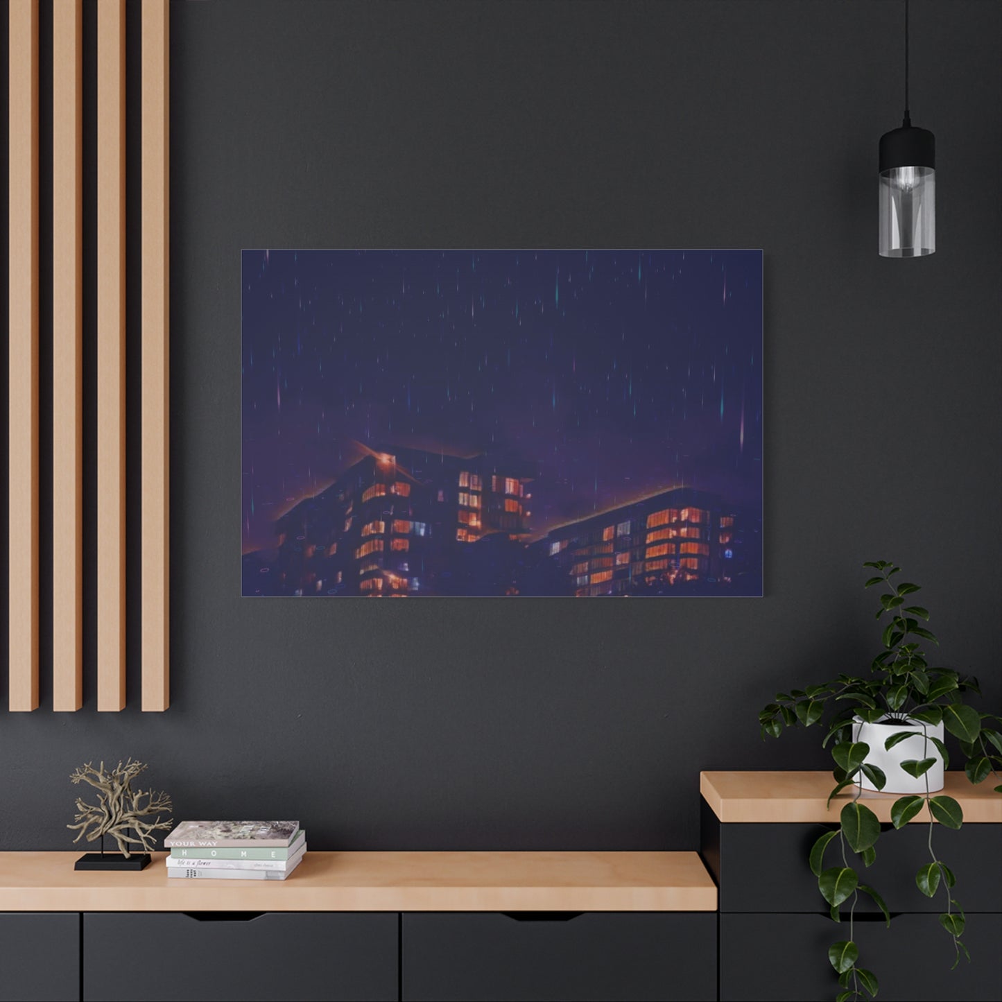 Neon Percipitation @ night - Canvas Print — Moody Urban Wall Art
