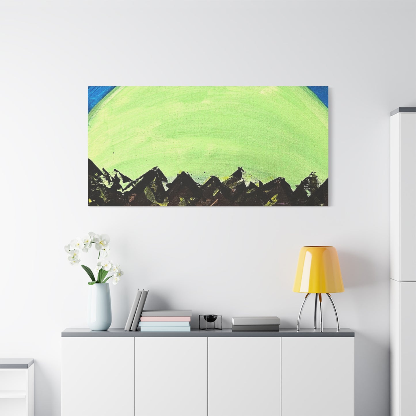 Green Moonrise Canvas Wall Art – Mountain Silhouette Nightscape