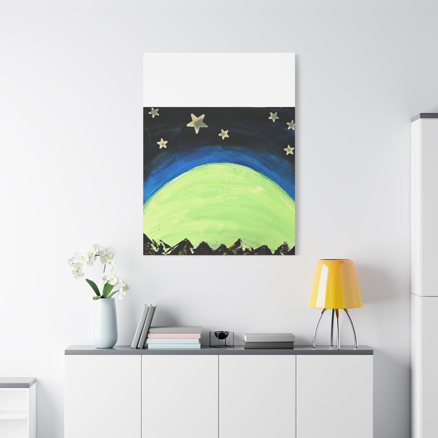Green Moonrise Canvas Wall Art – Mountain Silhouette Nightscape