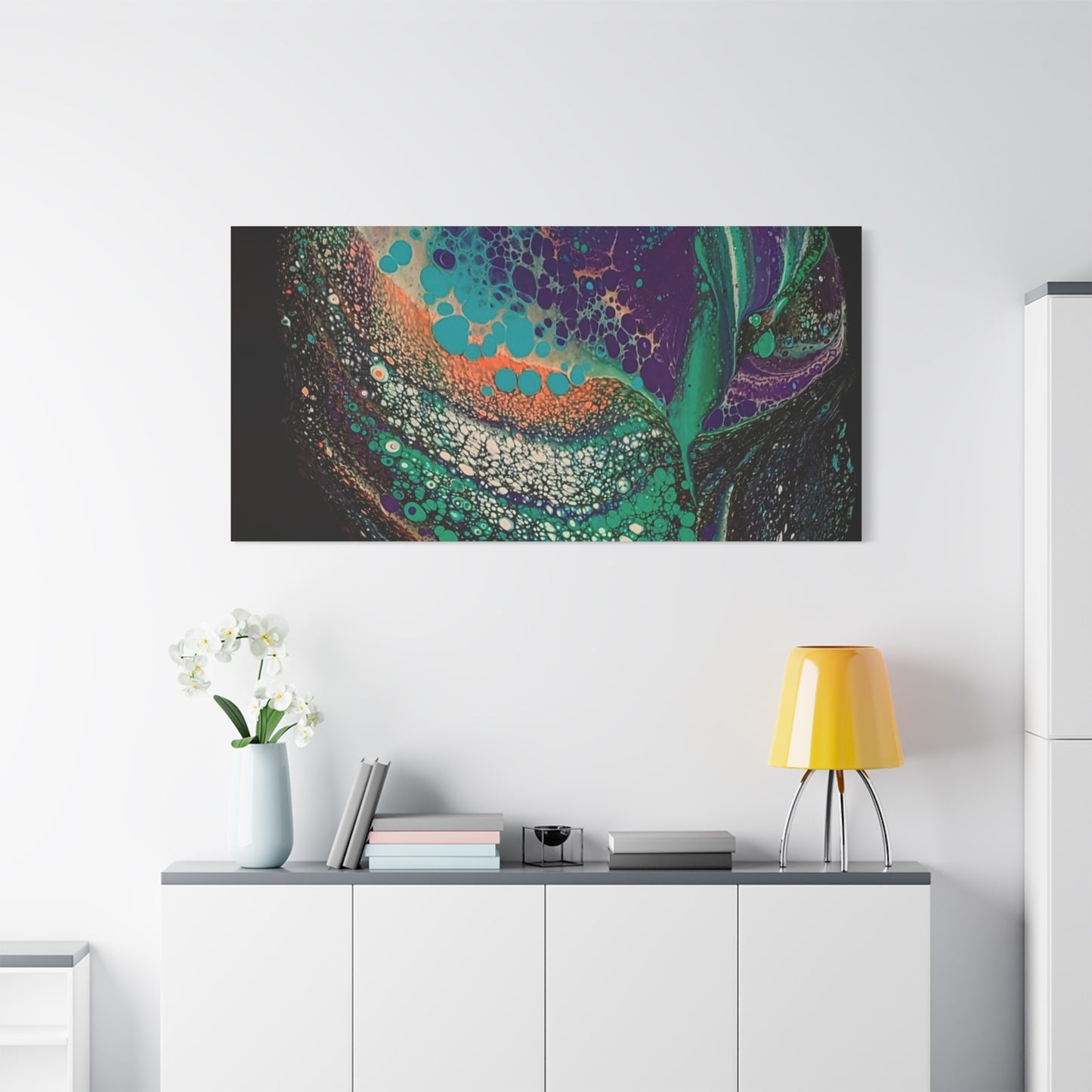 Abstract Fluid Art Canvas Print — Teal, Purple & Gold Swirl Matte Stretched Wall Art